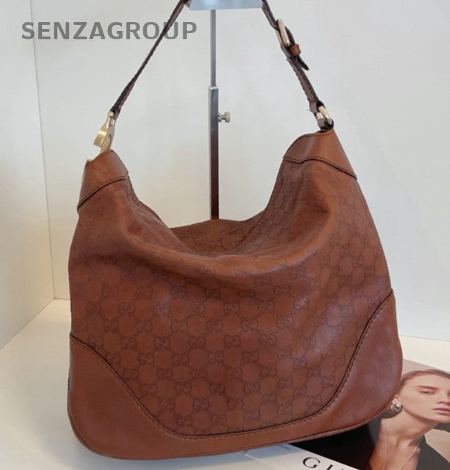 Gucci Hobo Calfskin Shoulder Bag Brown Gold Used Women Classic Designer