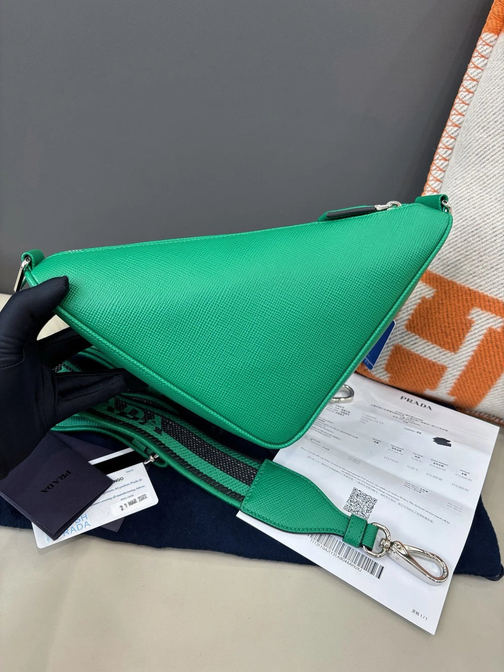 Prada Calfskin Triangle Crossbody Green Silver Women Classic