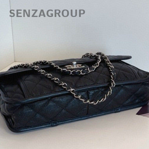 Chanel Classic Flap Calfskin Chain Shoulder Bag Black Silver Women Designer