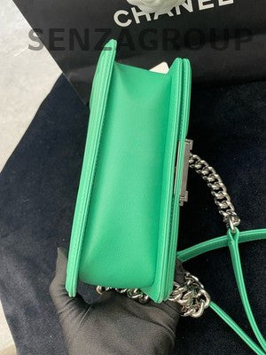 Chanel Small Le Boy Chevron Green Silver Chain Shoulder Bag Women Classic