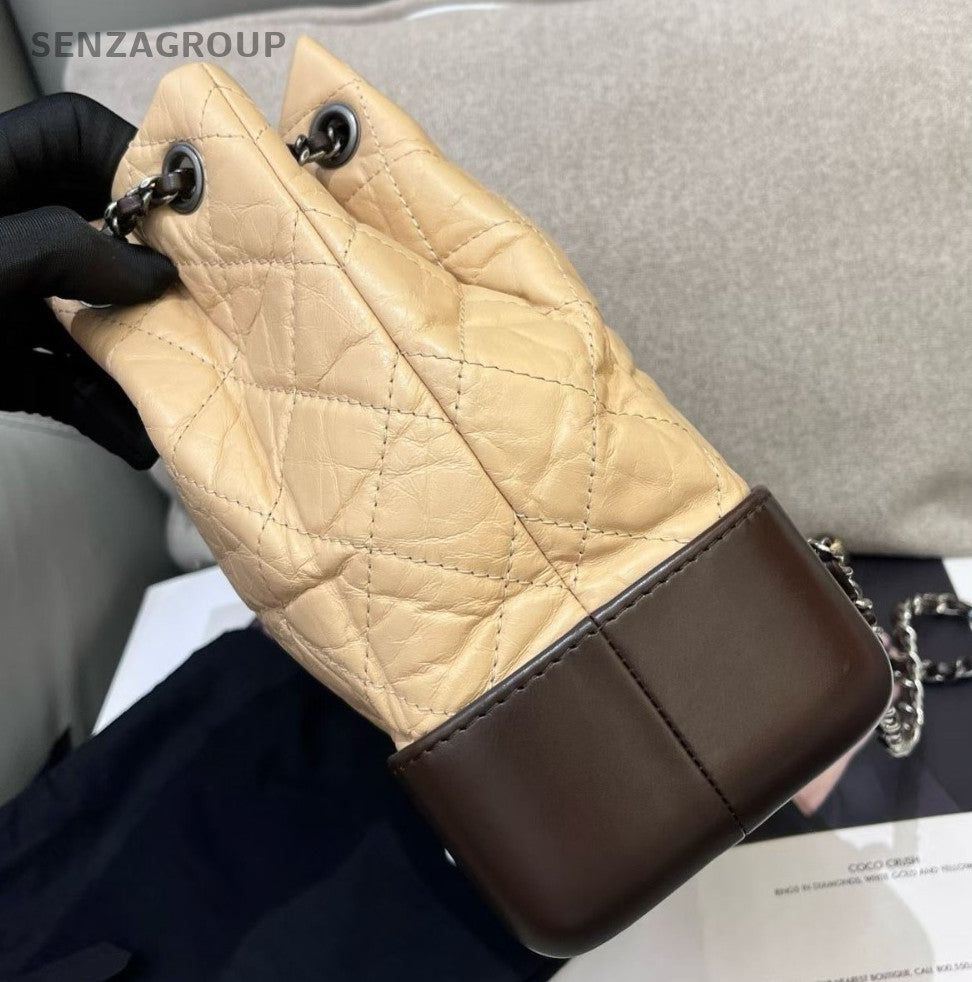 Chanel Diamond Gabrielle PM Chain Backpack Beige Brown Gold Women Classic