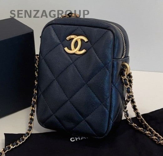 Chanel Diamond Calfskin Chain Crossbody Shoulder Bag Black Gold Women Classic
