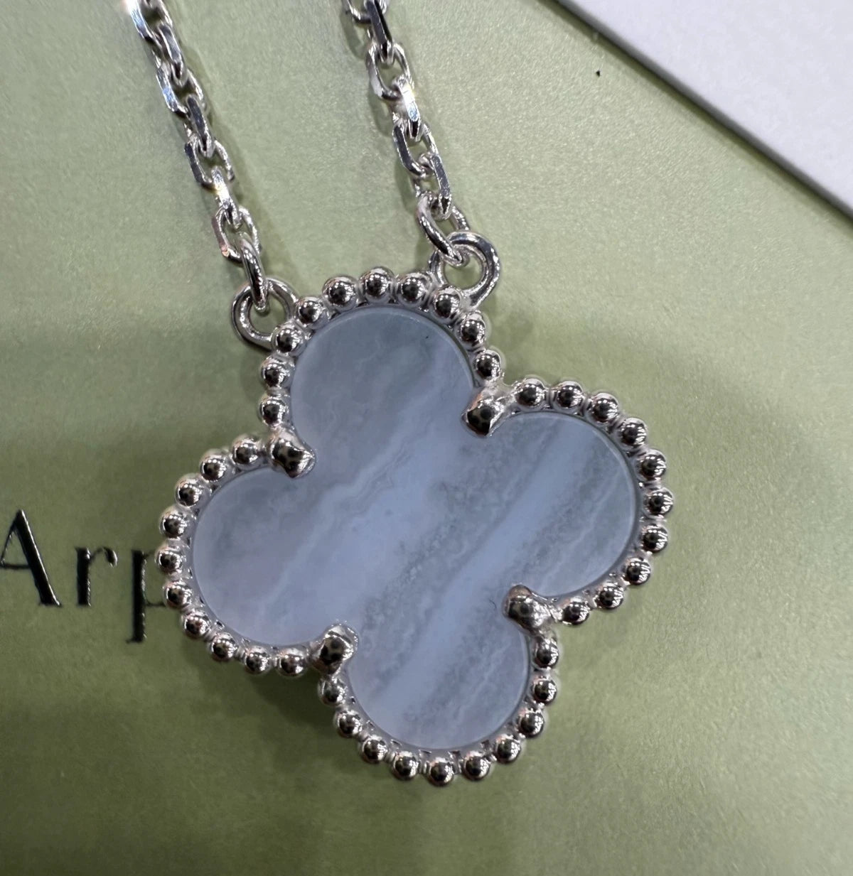New Van Cleef &amp; Arpels Vintage Alhambra 18K White Gold Necklace Chalcedony