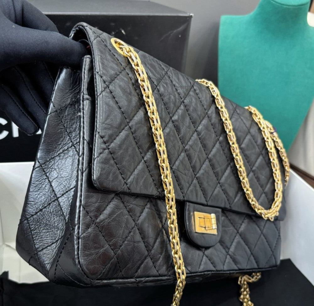 Chanel 2.55 MM Chain Shoulder Bag Crossbody Black Gold Women Classic