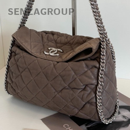 Chanel Hobo Chain Shoulder Bag Brown Silver Diamond Women Classic Designer