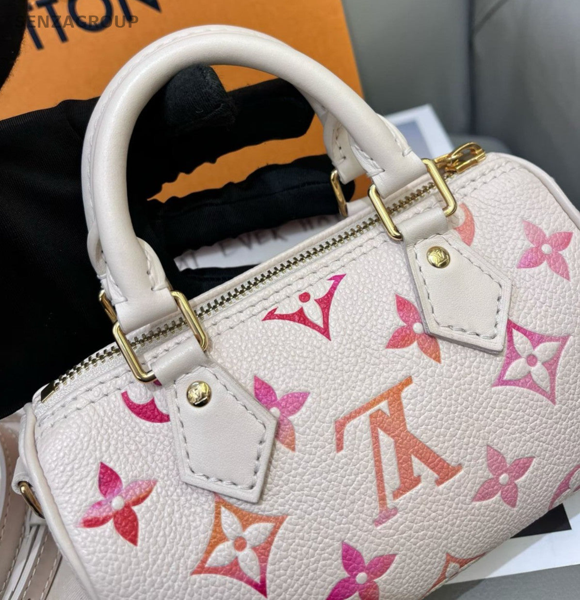 Louis Vuitton Speedy Nano Monogram Top Handle Bag Crossbody White Gold Women
