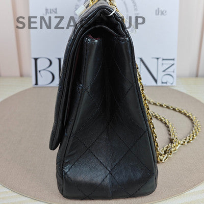Chanel 2.55 Jumbo Black Gold Quilted Chain Shoulder Bag Classic Women