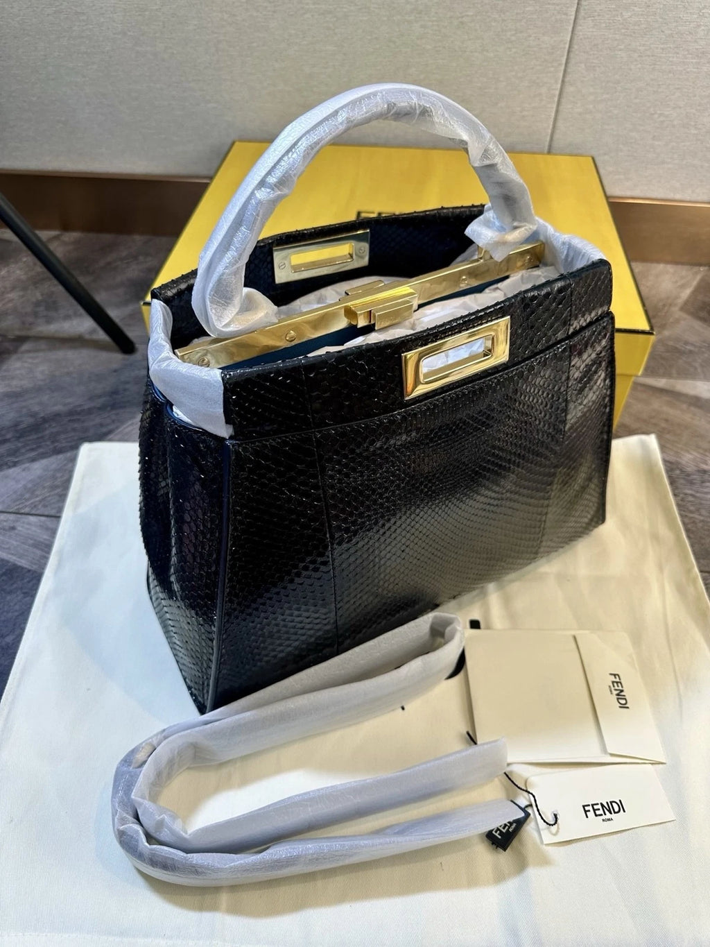 Fendi Peekaboo Medium Navy Snakeskin Shoulder Crossbody Women