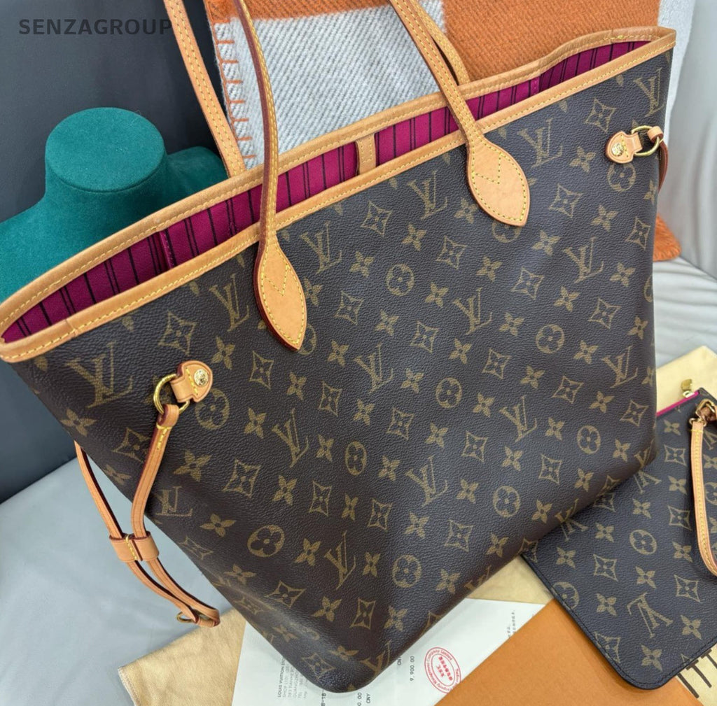 Louis Vuitton Neverfull MM Monogram Shoulder Bag Brown Red Gold Women Classic