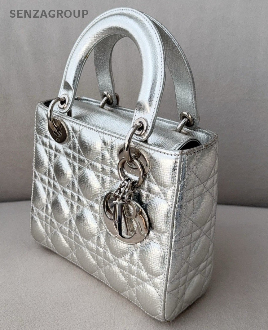 Christian Dior Lady Dior 2Way Top Handle Bag Silver Used Women Designer