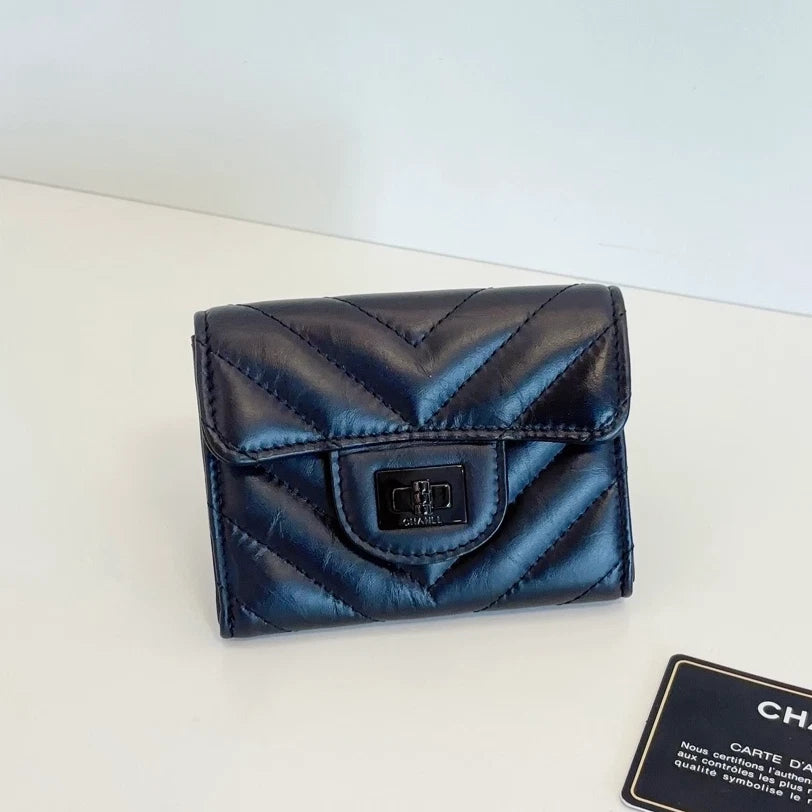 Chanel 2.55 So Black V-Stitch Calfskin Card Holder Wallet