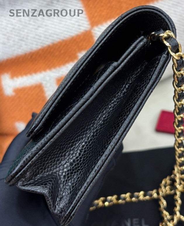Chanel WOC Calfskin Chain Shoulder Bag Crossbody Black Gold Women Classic