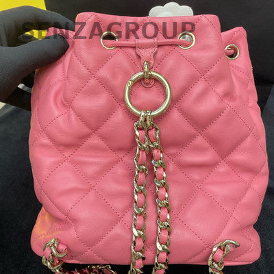 Chanel Quilted Pink Drawstring Chain Backpack Gold Hardware Women's Fashion