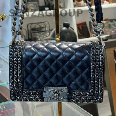 Chanel Le Boy Small Navy Blue Silver Hardware Quilted Chain Shoulder Bag