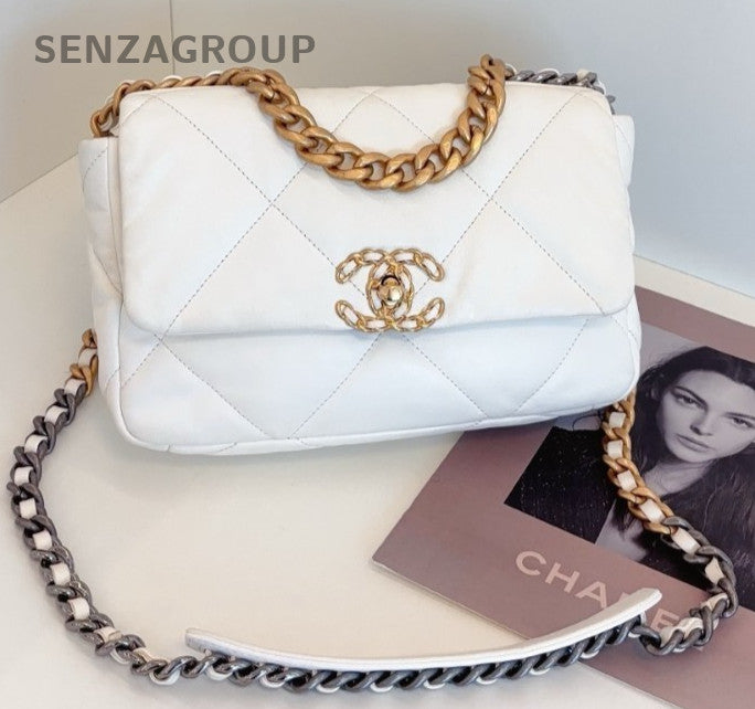 Chanel Diamond Chain Top Handle Shoulder Bag Crossbody White Gold Women Classic