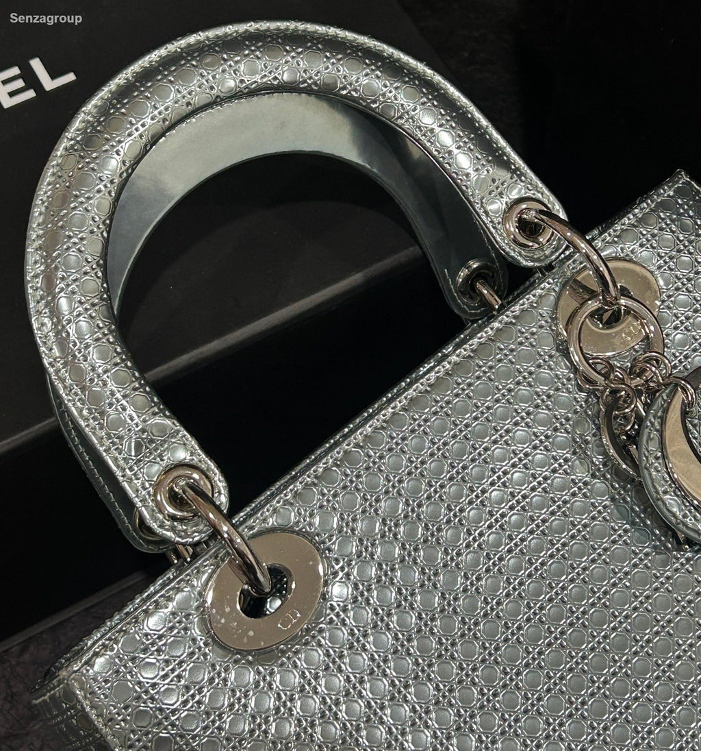 Christian Dior Lady Dior Top Handle Crossbody Blue Silver Women Classic Fashion