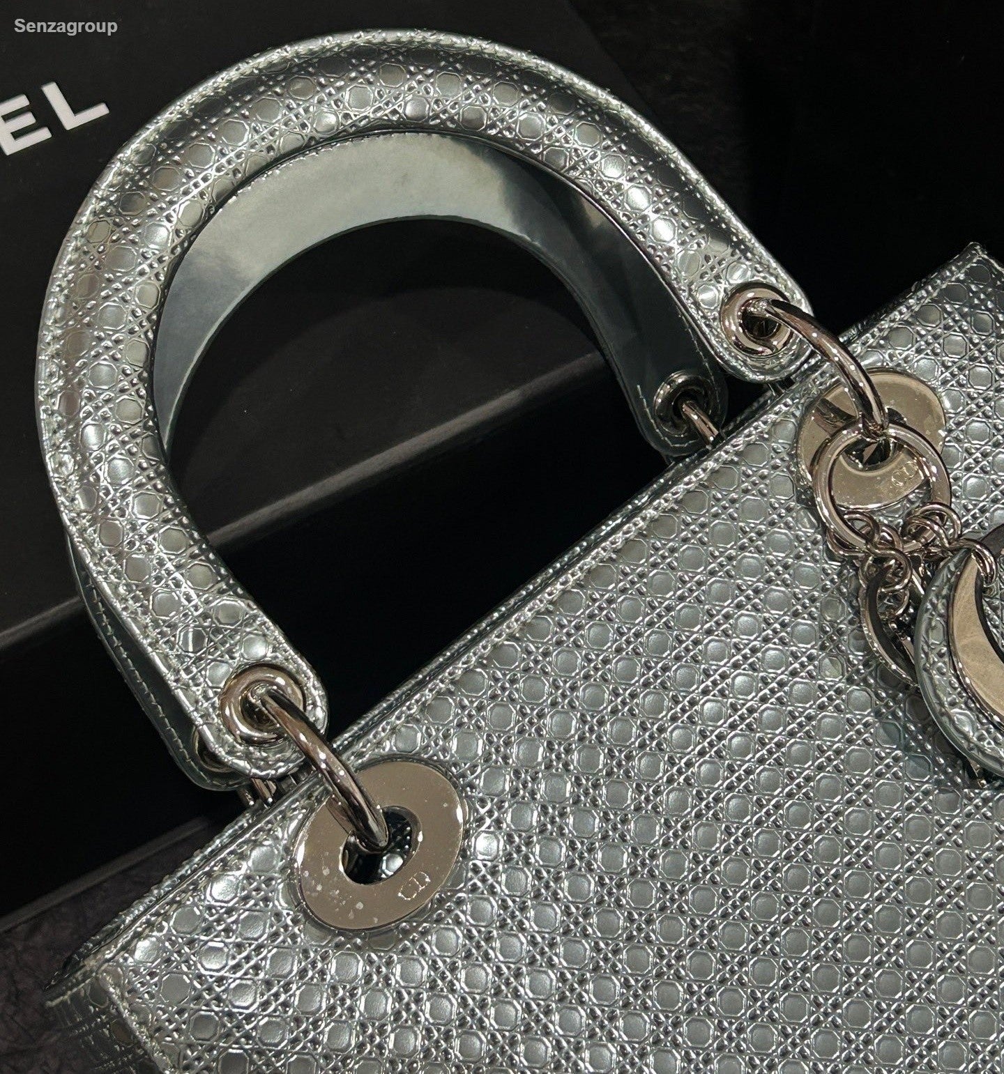 Christian Dior Lady Dior Top Handle Crossbody Blue Silver Women Classic Fashion