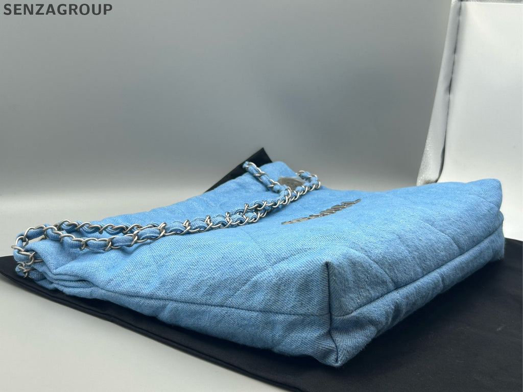 Chanel 22 Bag Denim Small Blue Silver Chain Crossbody Shoulder Bag