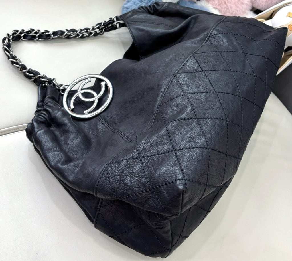 CHANEL Classic Logo Calfskin tote Shoulder bag Black Silver Women