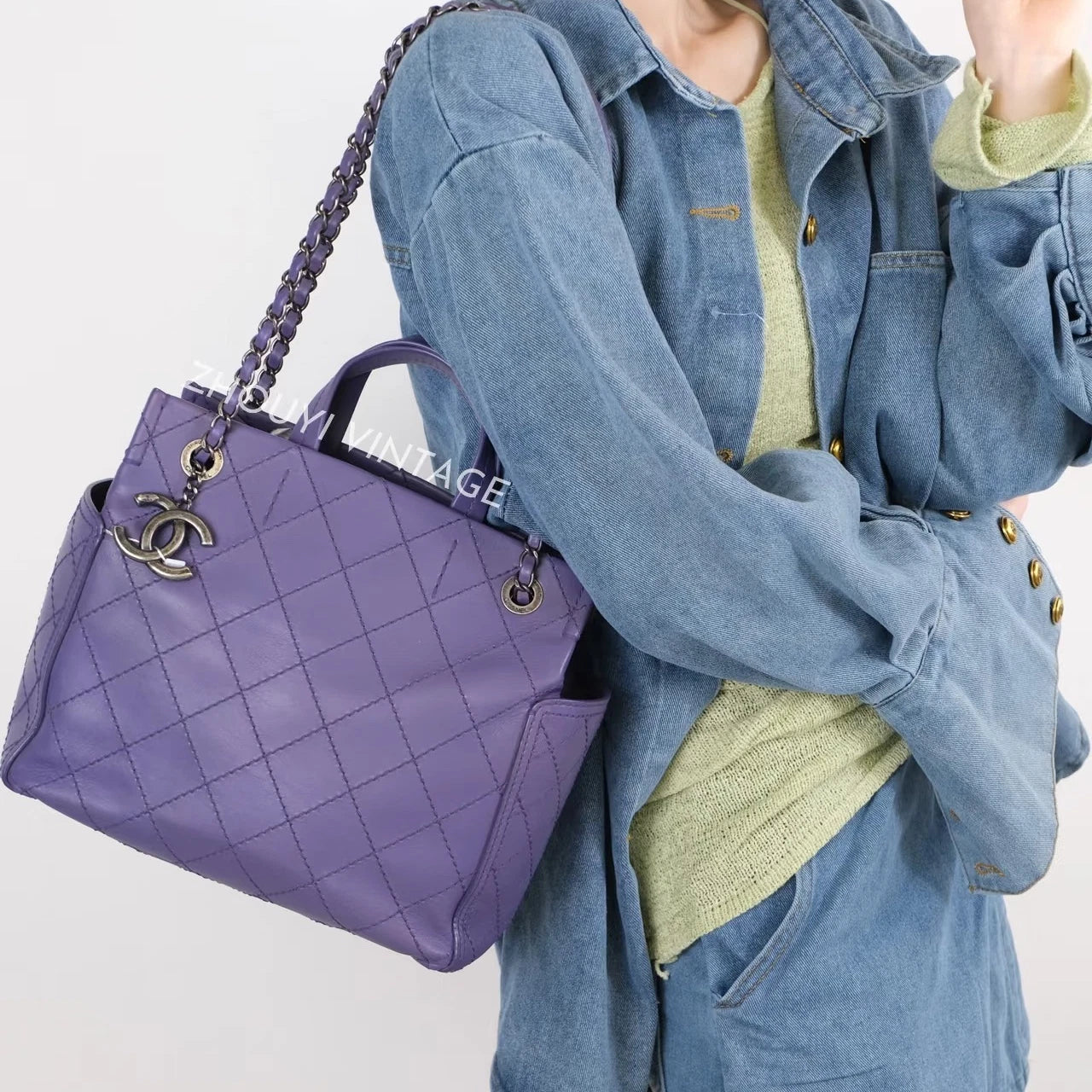 Chanel Diamond Calfskin Tote Chain Top Handle Shoulder Bag Purple Silver Women