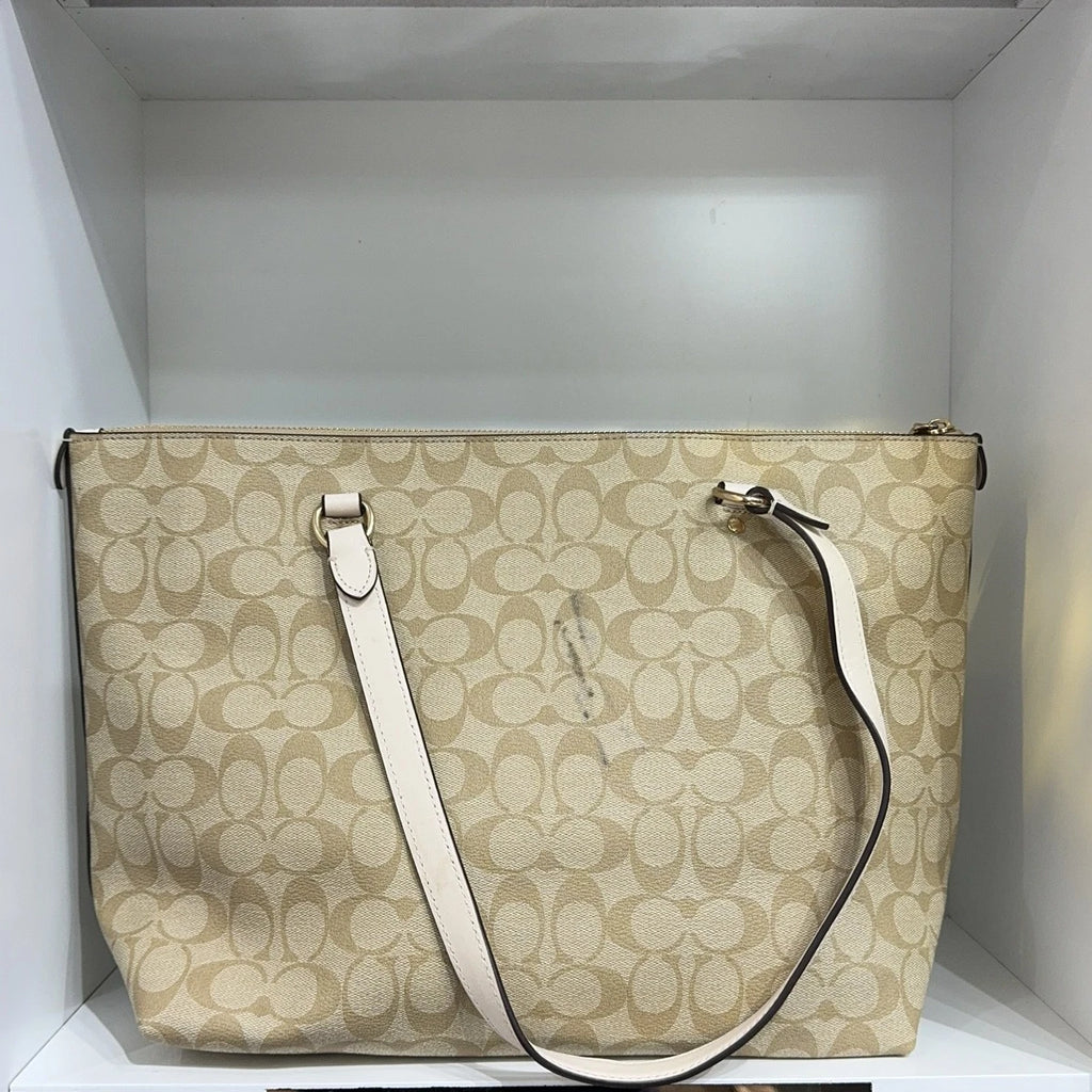 Coach Beige Canvas Monogram Tote Shoulder Handbag For Women