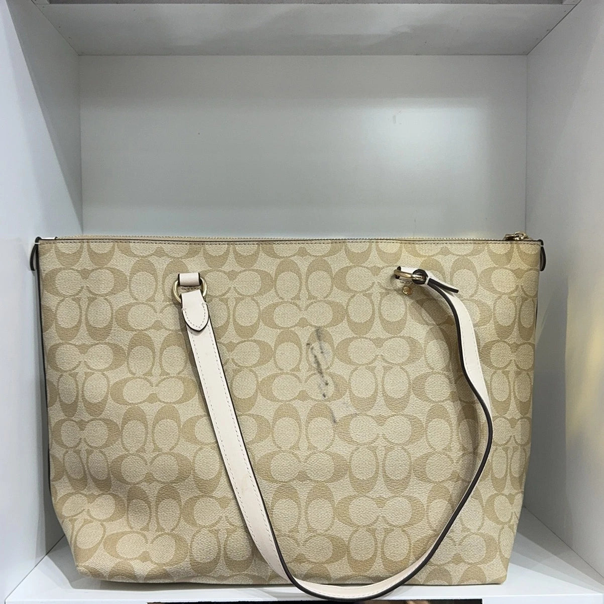 Coach Beige Canvas Monogram Tote Shoulder Handbag For Women
