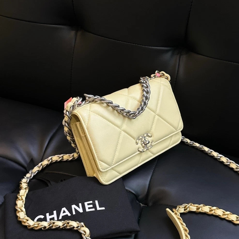 Chanel 19Bag WOC Chain Shoulder Bag Crossbody Yellow Silver Women Classic