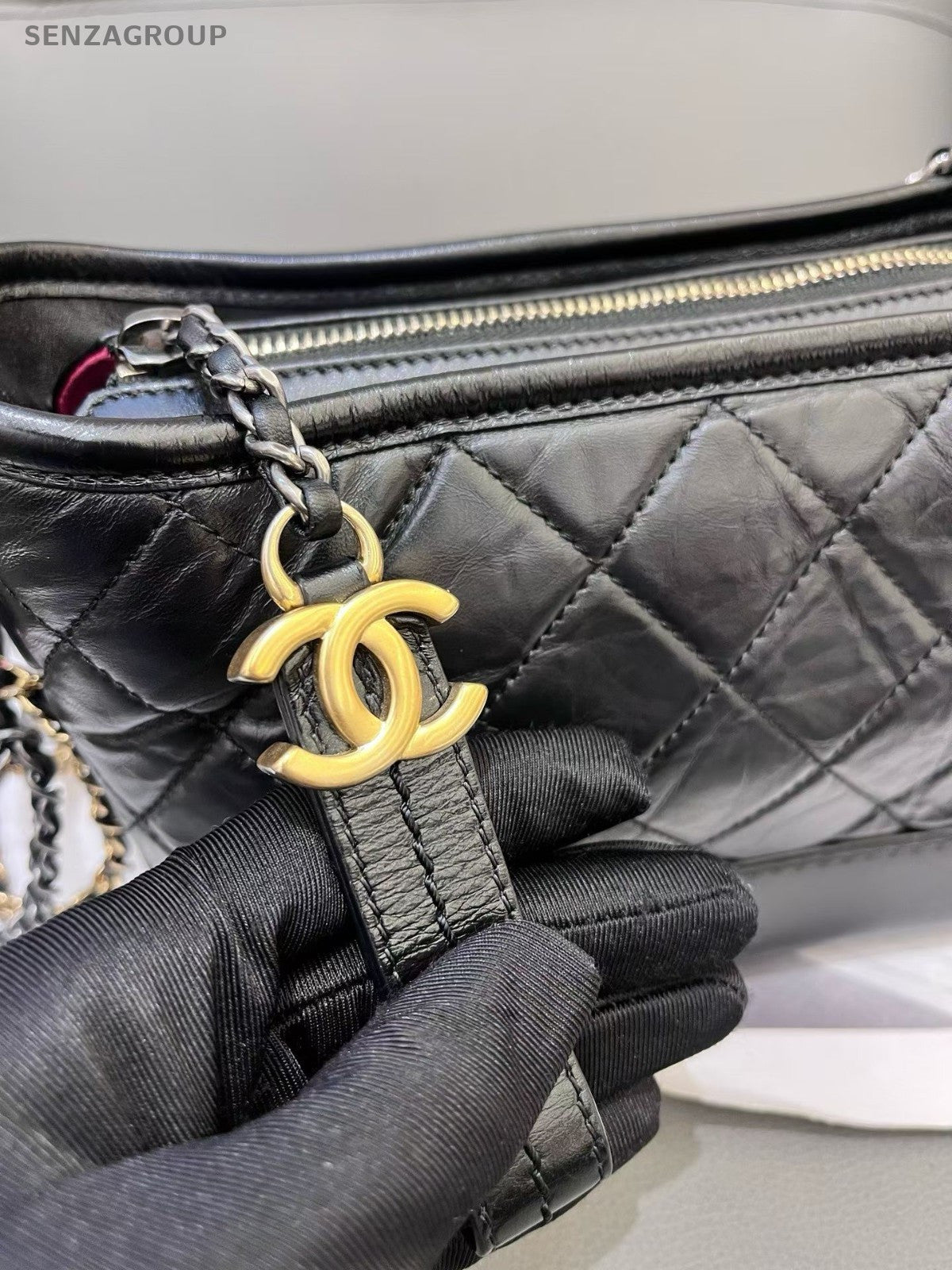 CHANEL Gabrielle PM Diamond Pattern Chain Shoulder bag Black Silver Women
