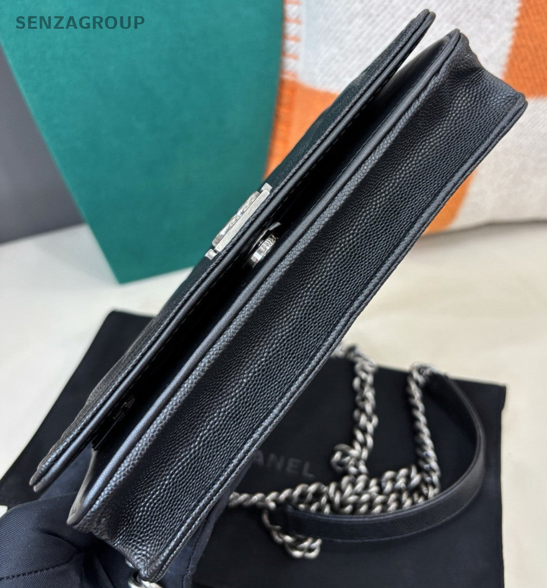 Chanel Leboy WOC Chain Calfskin Shoulder Bag Crossbody Black Silver Women