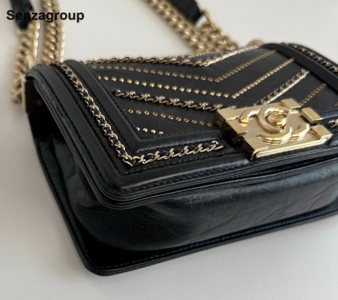 Chanel Leboy PM Calfskin Chain Shoulder Bag Black Gold Women Classic Fashion