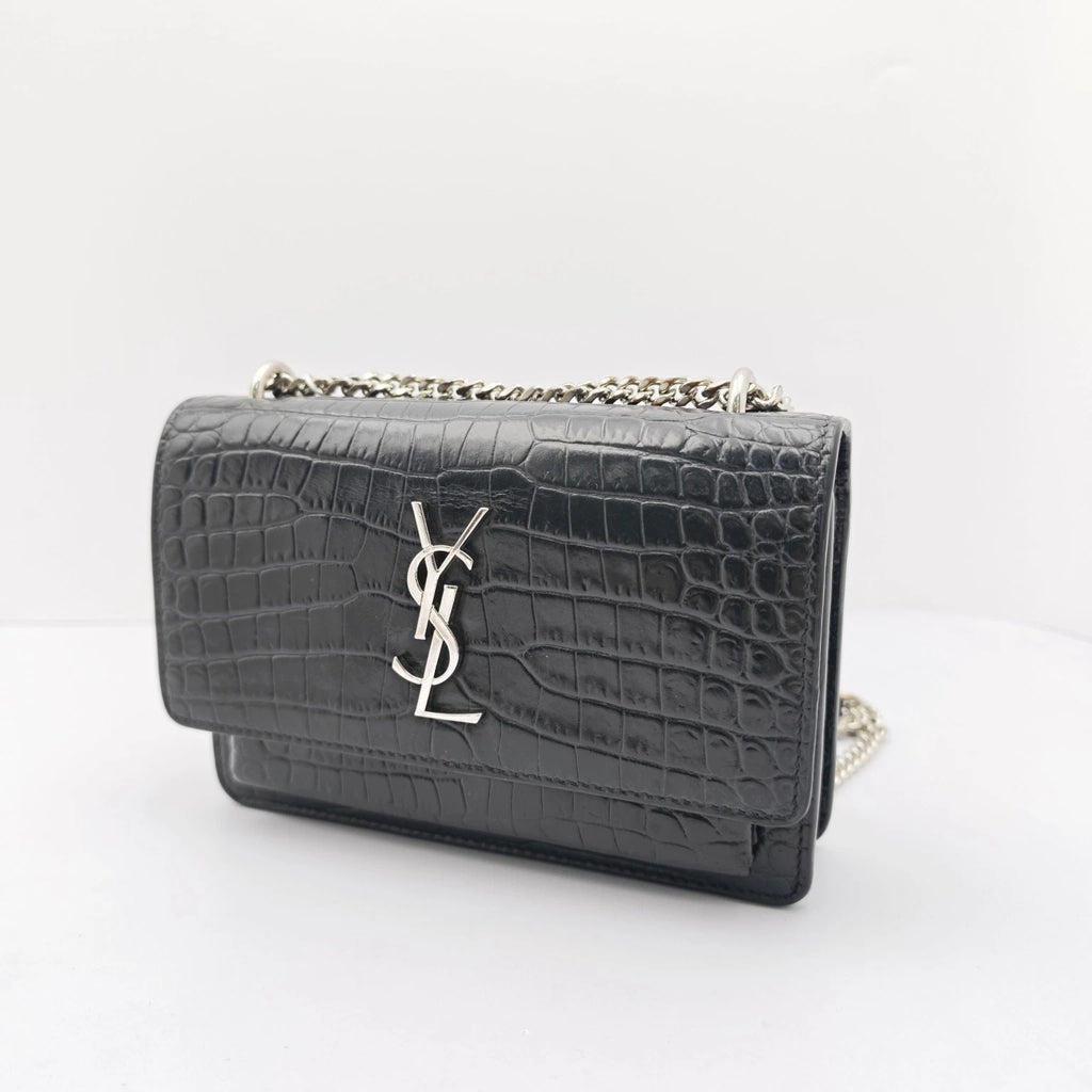 YSL Black Crocodile Embossed Mini Shoulder Crossbody Bag For Women
