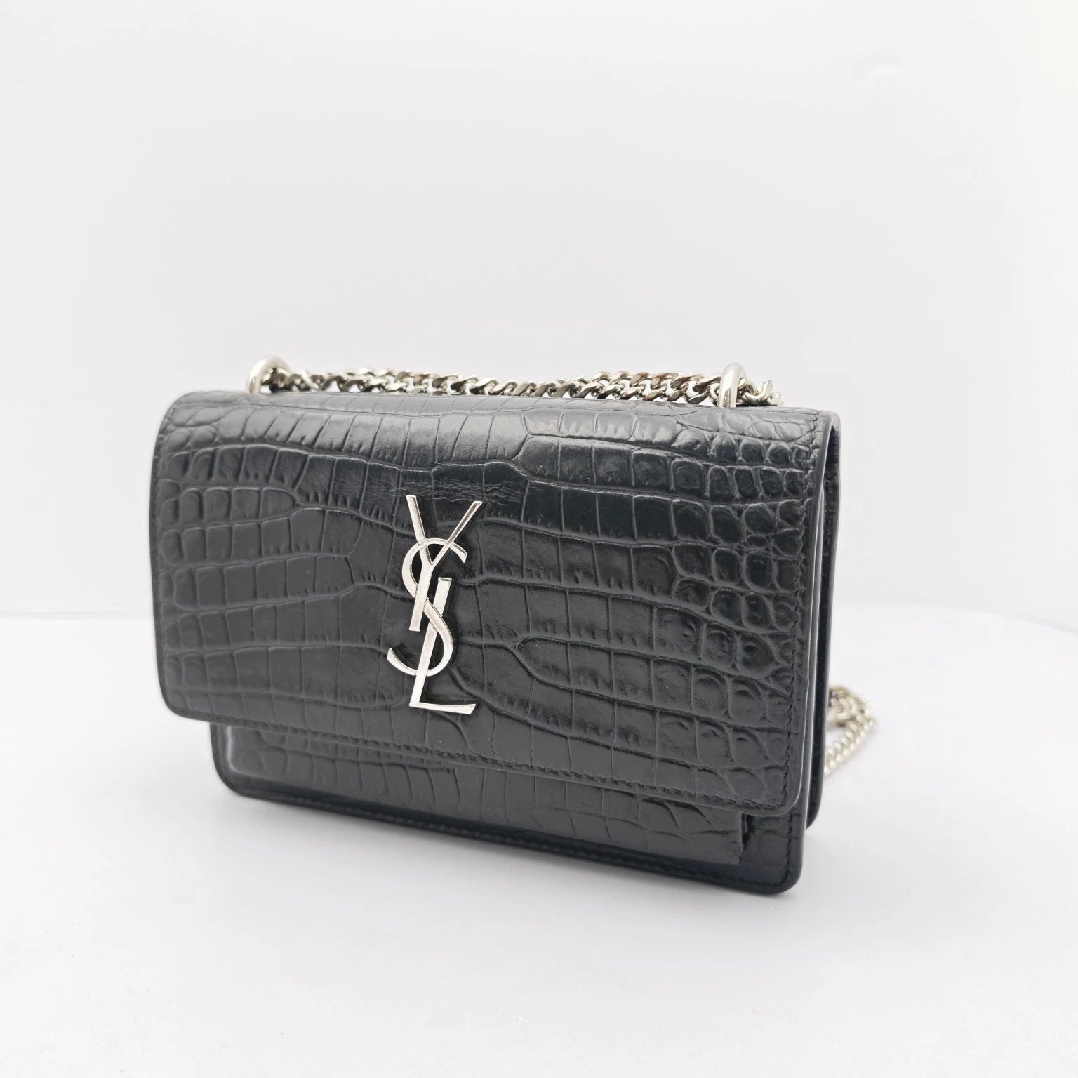 YSL Black Crocodile Embossed Mini Shoulder Crossbody Bag For Women