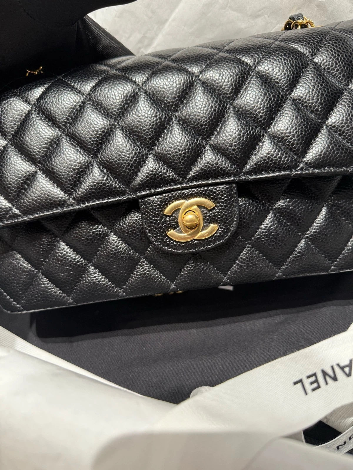 New Chanel Lamskin Black Gold Medium Shoulder Bag For Women