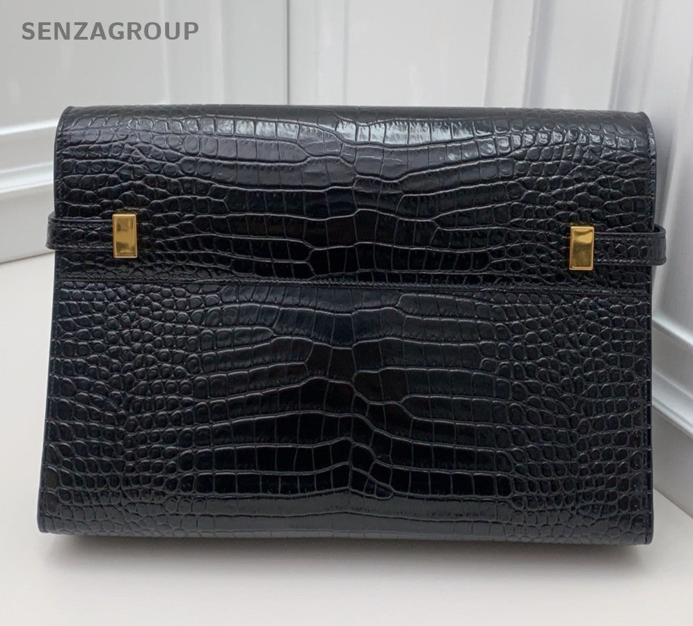 Saint Laurent Manhattan Clutch Black Gold Used Women Classic Fashion