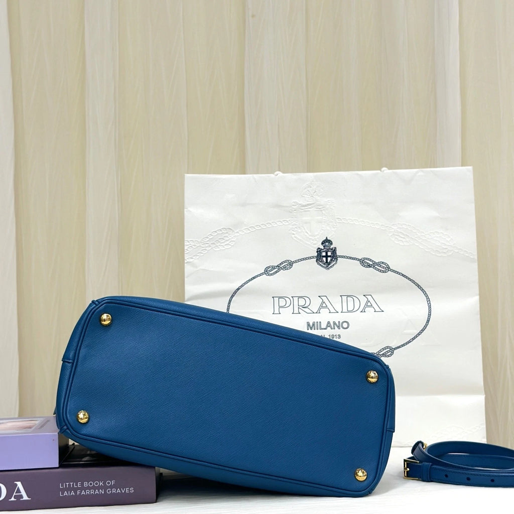 Prada Blue Medium Leather Top Handle Handbag For Women