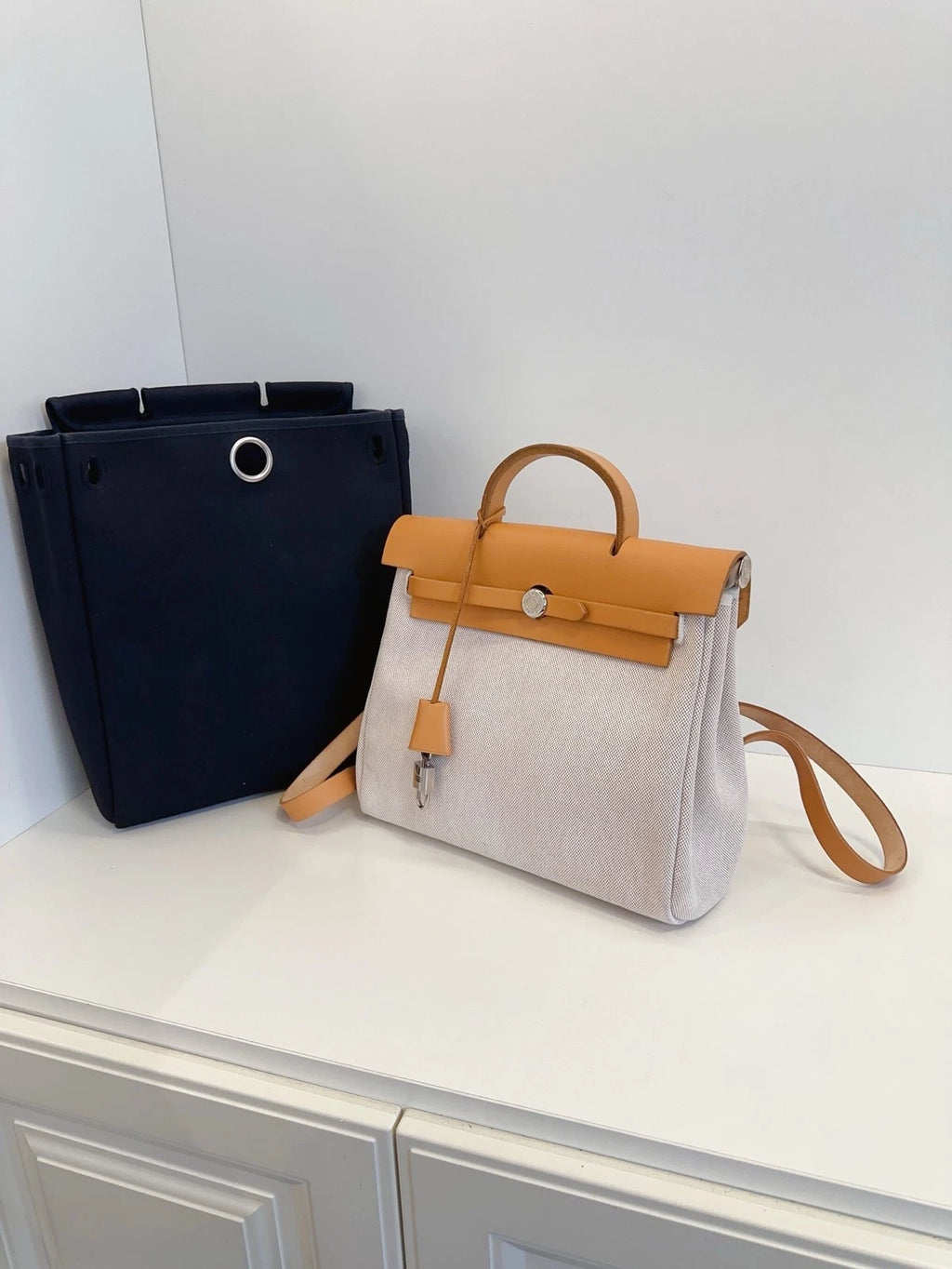 Hermes Herbag 31 Backpack Caramel Leather Silver Hardware Reversible Canvas