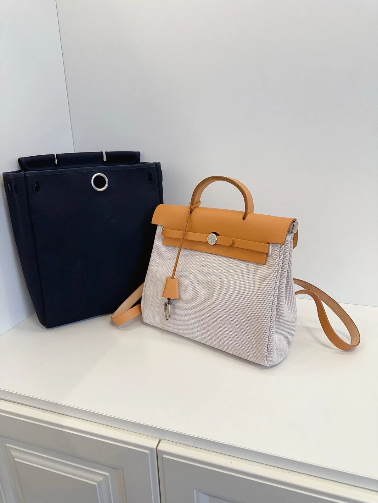 Hermes Herbag 31 Backpack Caramel Leather Silver Hardware Reversible Canvas