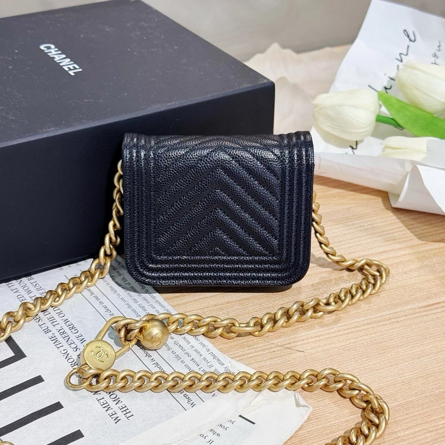 CHANEL Mini LeBoy Black Gold Leather Waist Bag For Women