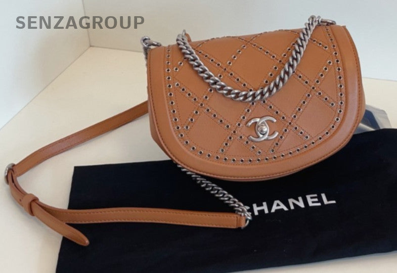 CHANEL Saddle PM Calfskin Rivet caramel color Chain Shoulder bag Crossbody Women