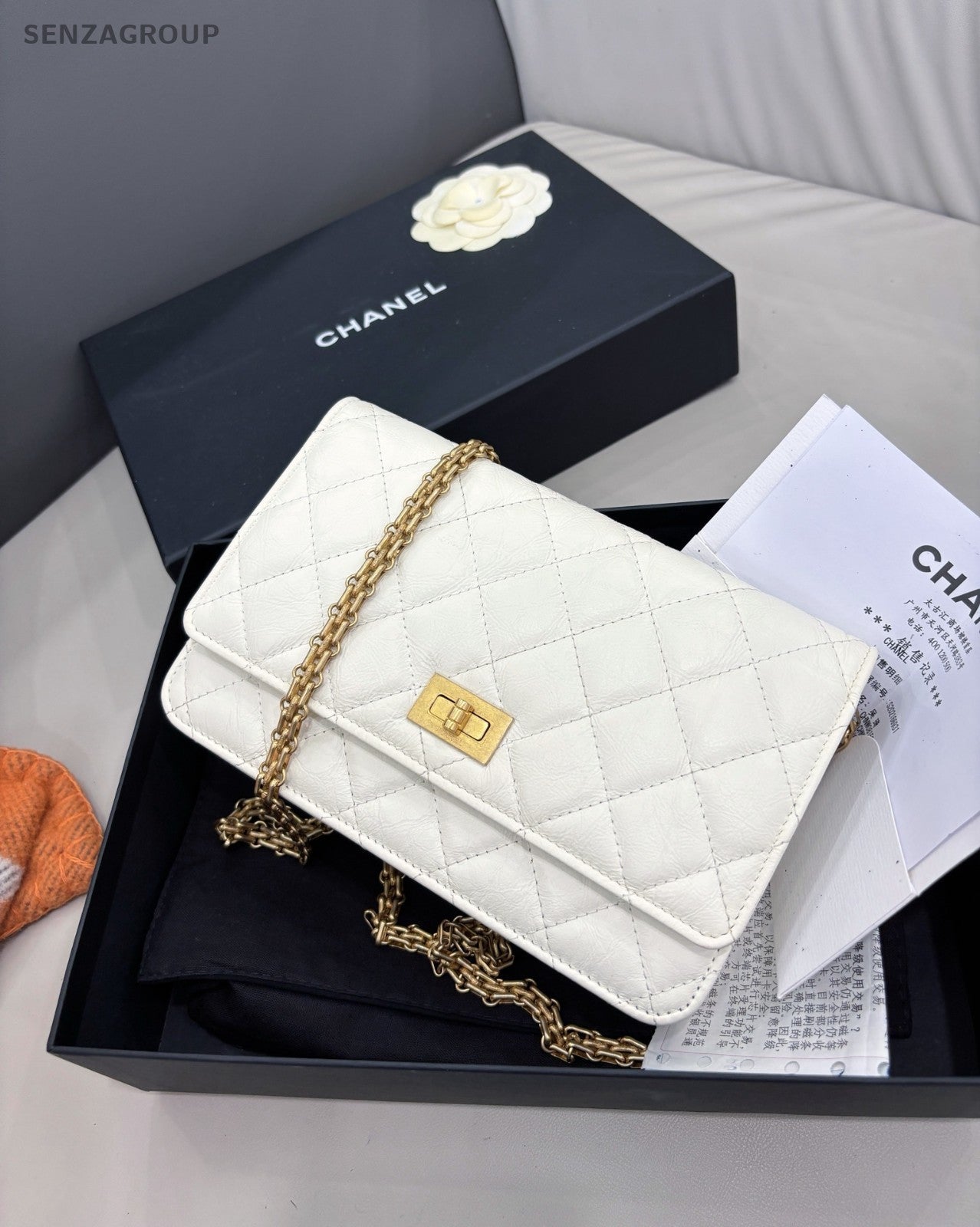 CHANEL 2.55 Woc Calfskin Chain Shoulder bag Crossbody White Gold Women