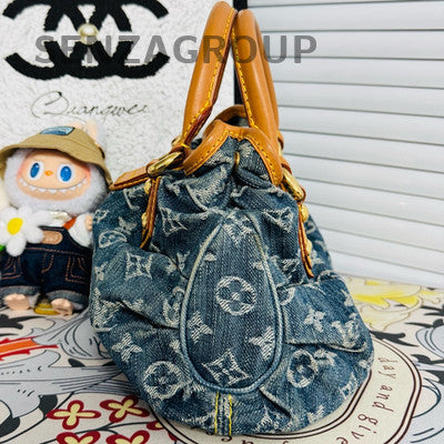 Louis Vuitton Vintage Denim Blue Gold Handbag Shoulder Bag Classic Women