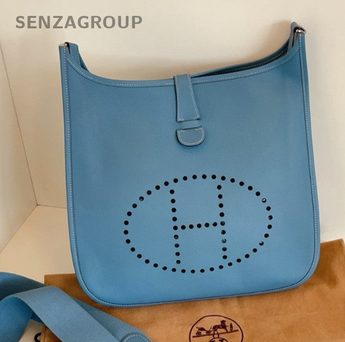 Hermes Evelyne TPM Epsom Leather GM Shoulder Bag Crossbody Blue Silver Women