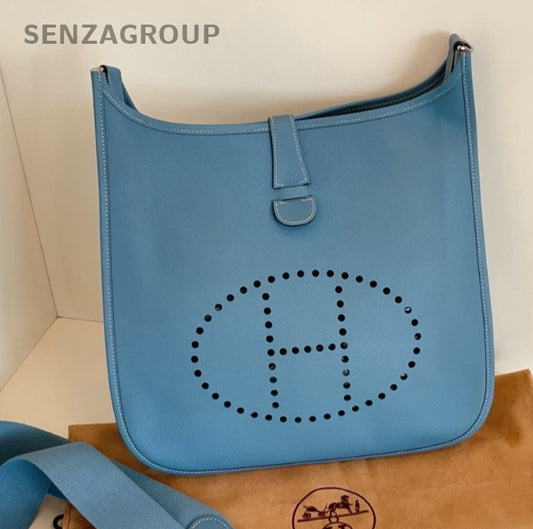 Hermes Evelyne TPM Epsom Leather GM Shoulder Bag Crossbody Blue Silver Women