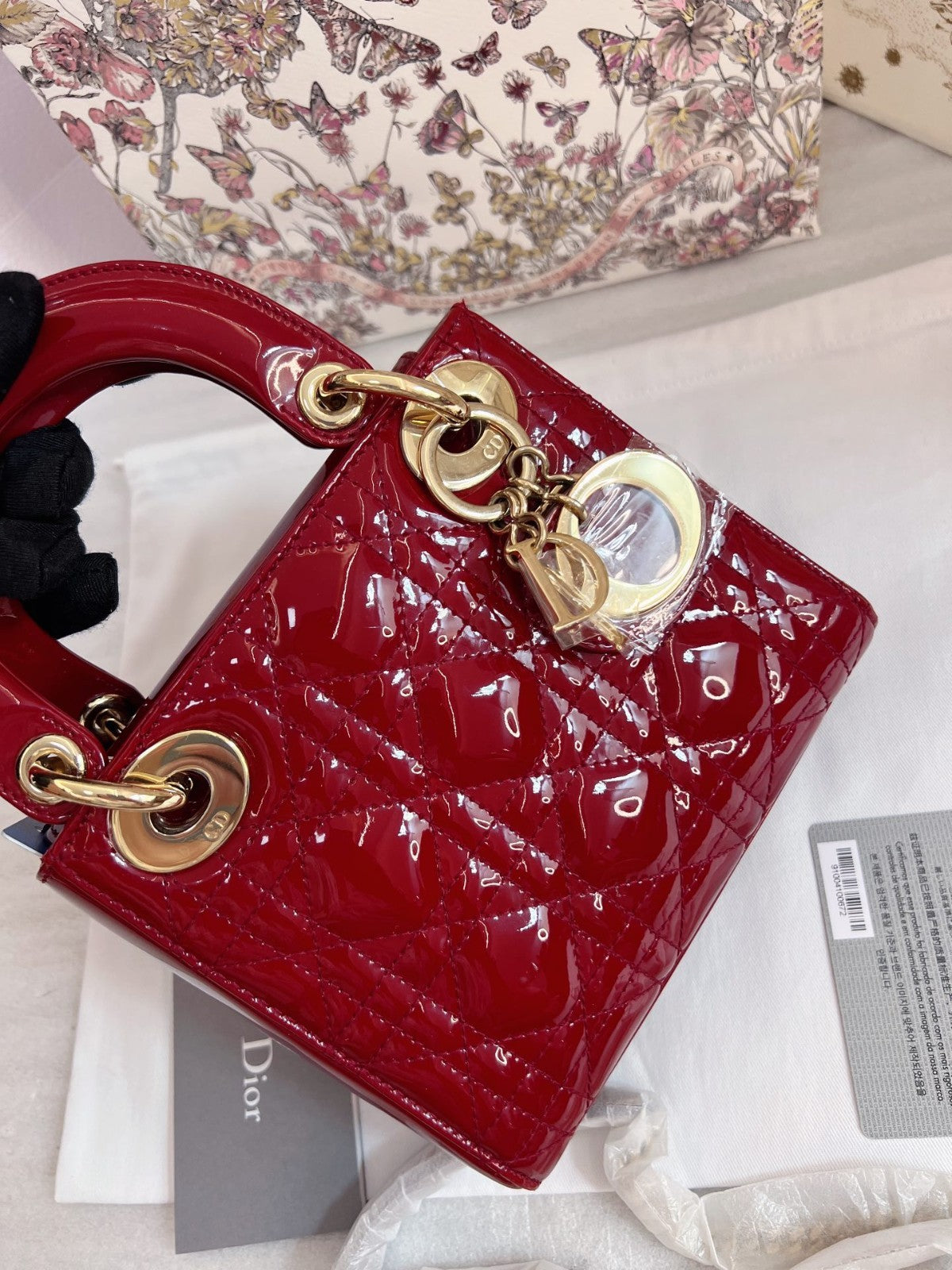 Christian Dior Lady Top Handle Chain Shoulder Handbag Red Gold Almost Brand NEW