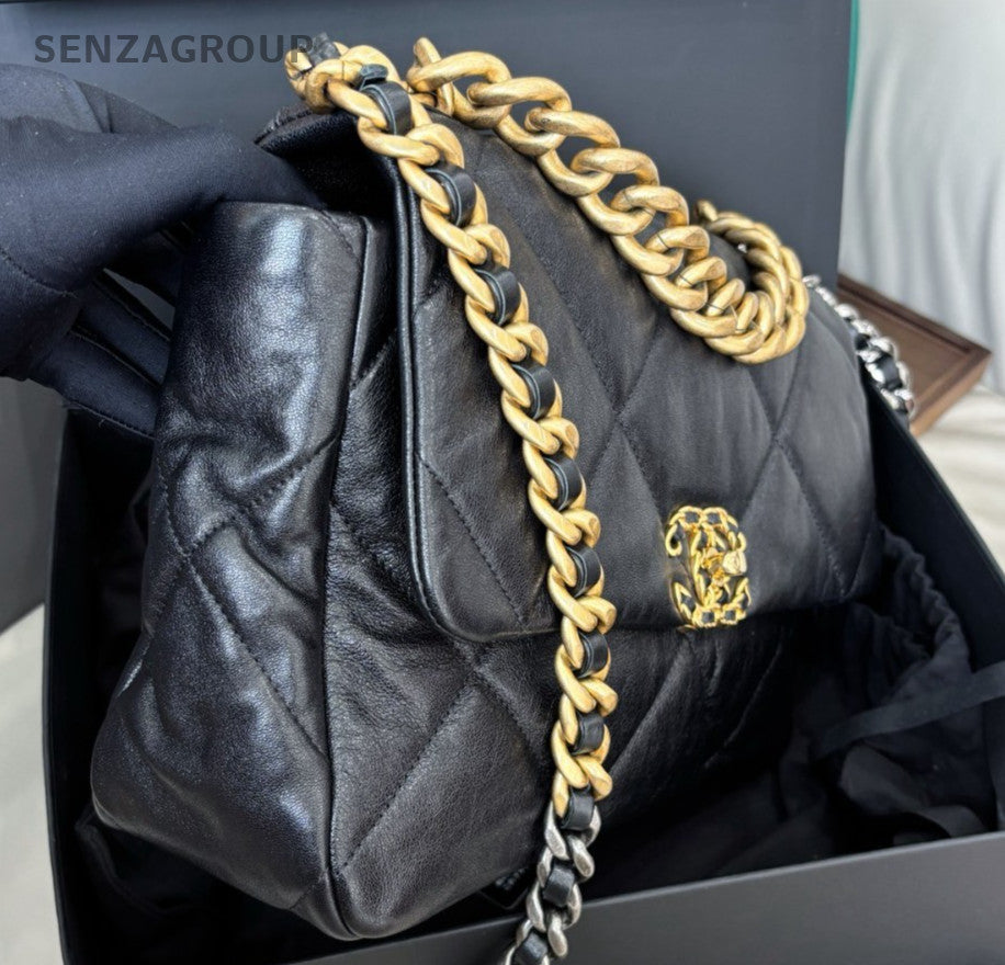 Chanel 19Bag MM Chain Shoulder Bag Crossbody Black Gold Women Classic Fashion