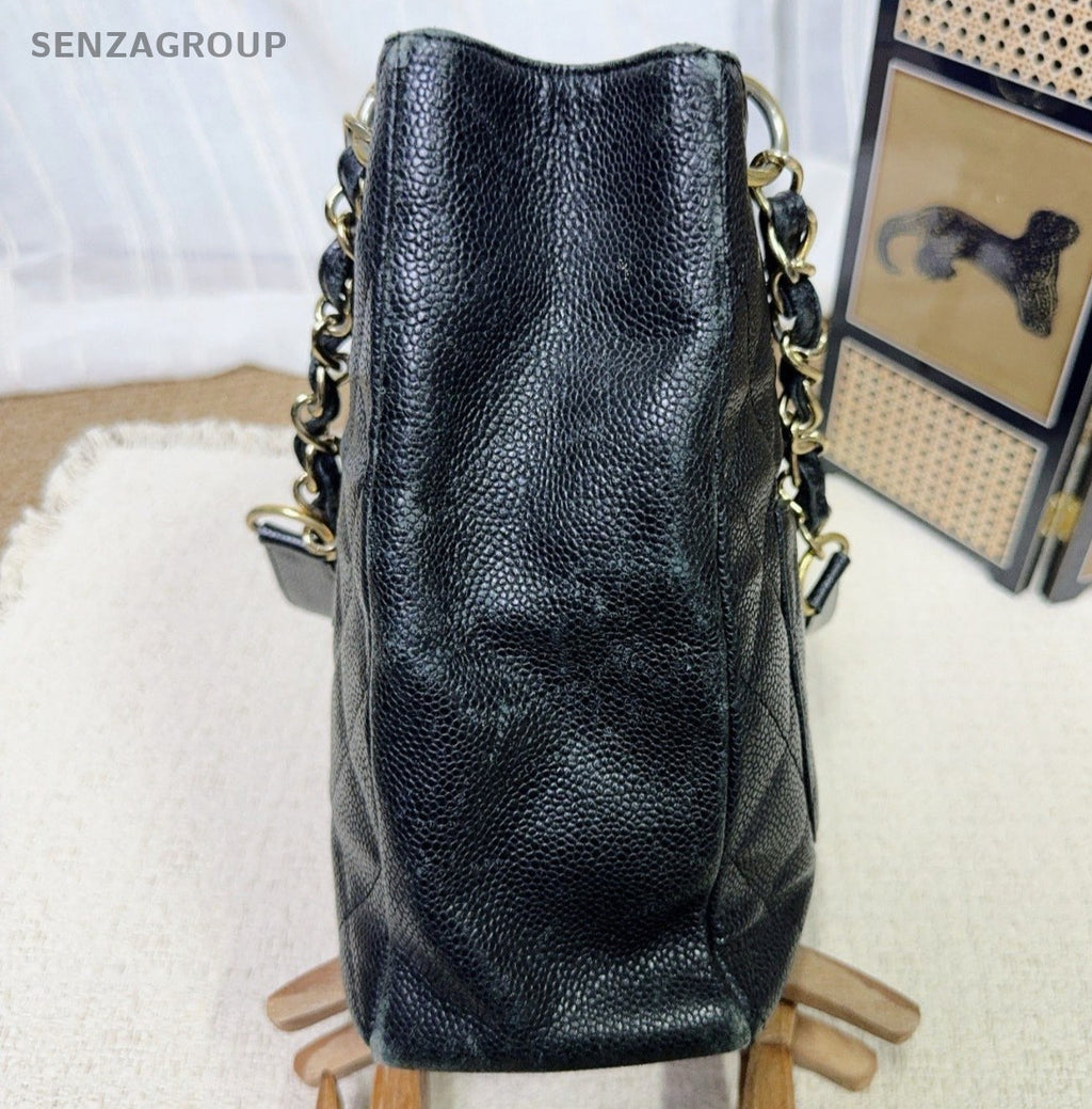 Chanel PST Calfskin Tote Chain Shoulder Bag Black Gold Women Classic Diamond