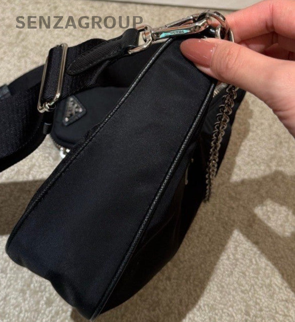 Prada Nylon Hobo Shoulder Bag Crossbody Black Silver Women Classic