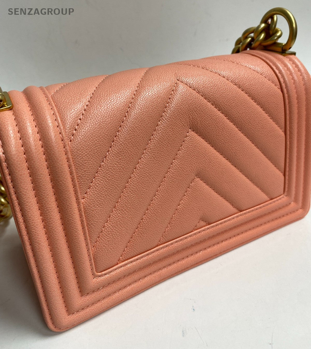 Chanel Leboy PM Chain Shoulder Bag Pink Gold Chevron Women Classic Fashion