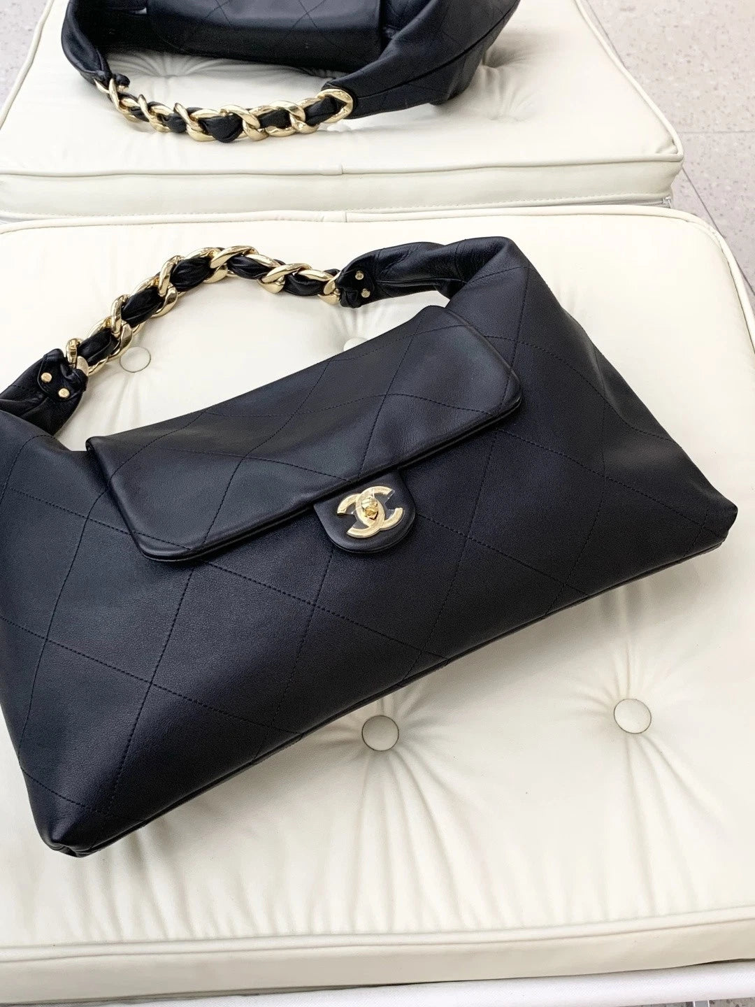 Chanel Hobo GM Chain Calfskin Shoulder Bag Black Gold Hardware Women S