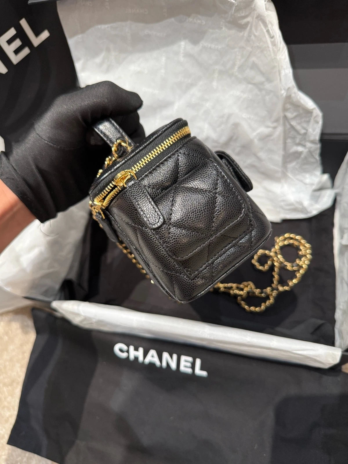CHANEL Cargo Black Gold Caviar Leather Shoulder Bag For Women